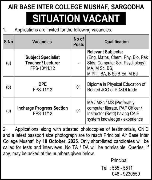 Mushaf Base Inter College Jobs